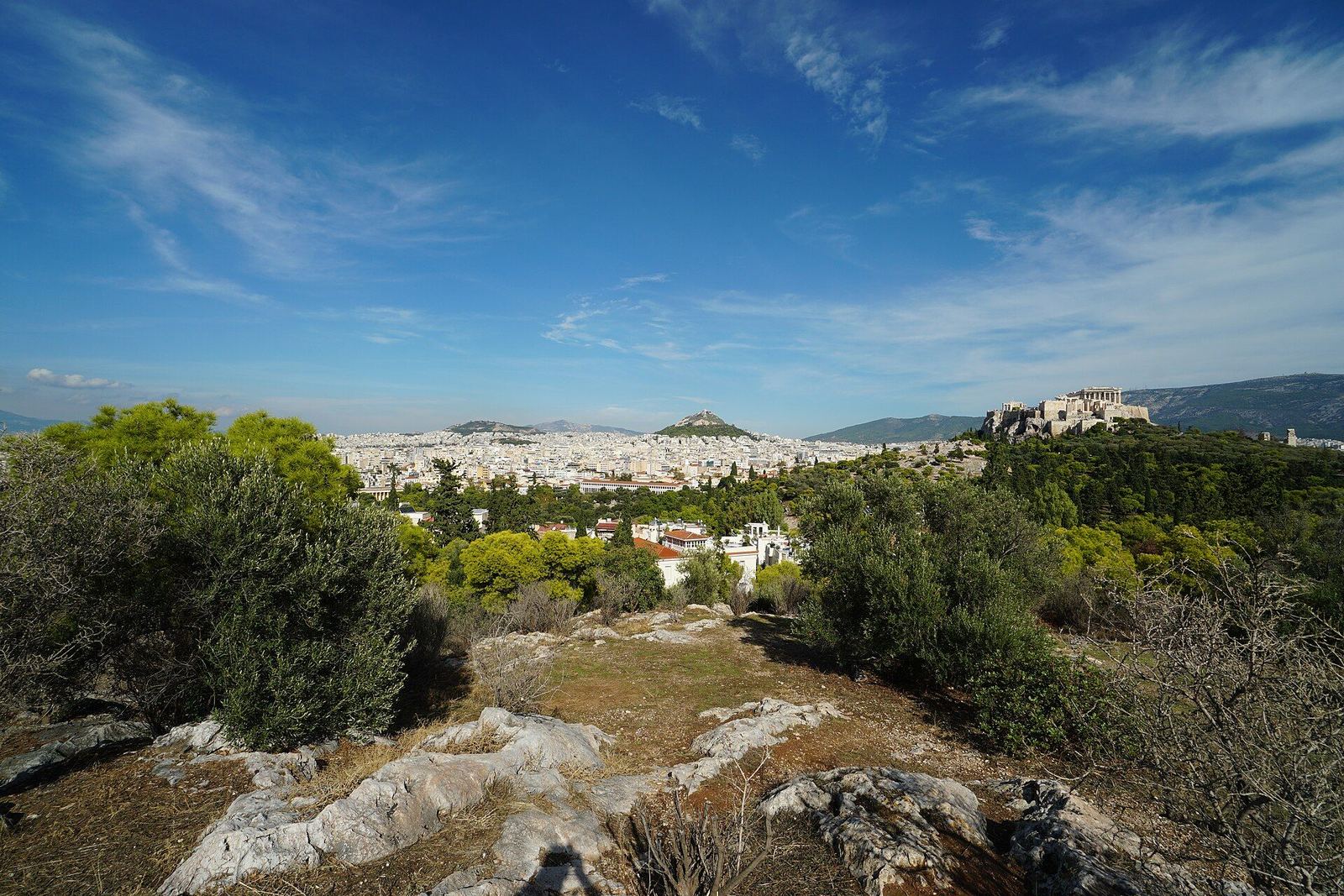 Central Athens from the Observatory hill, the Acropolis rising above the rooftops with Lycabettus beyond