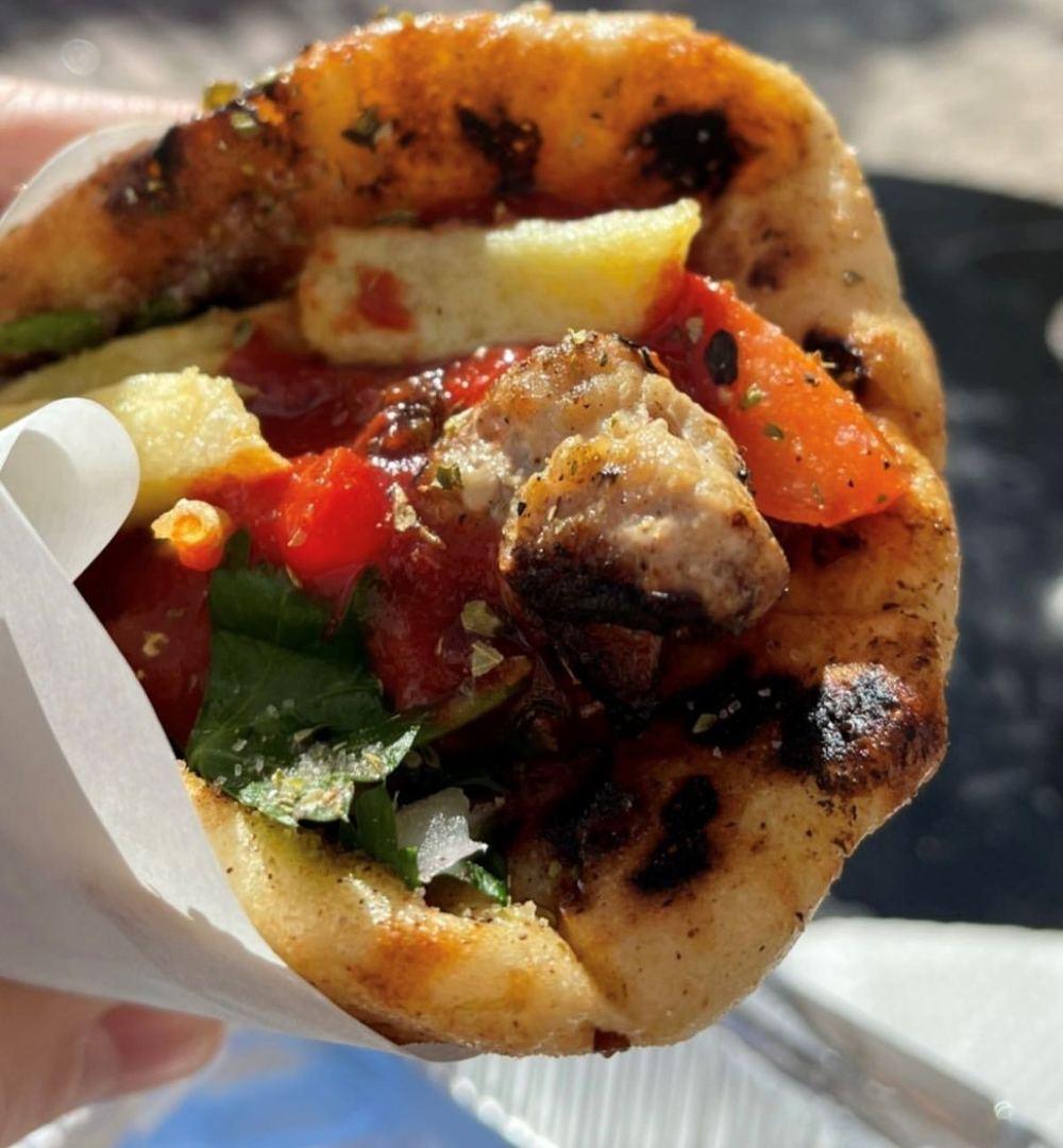 A classic Athens souvlaki pita, close up