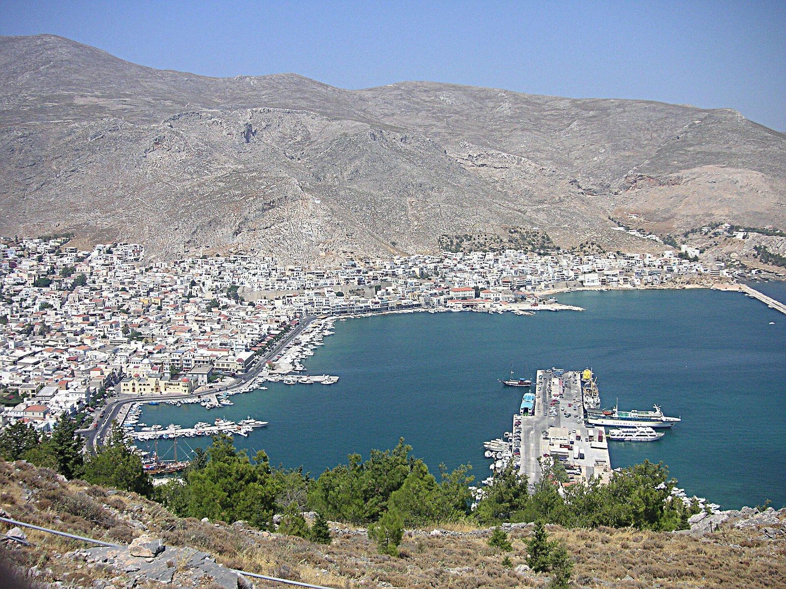 Pothia, the capital of Kalymnos, rising like an amphitheater around its harbor, seen from above