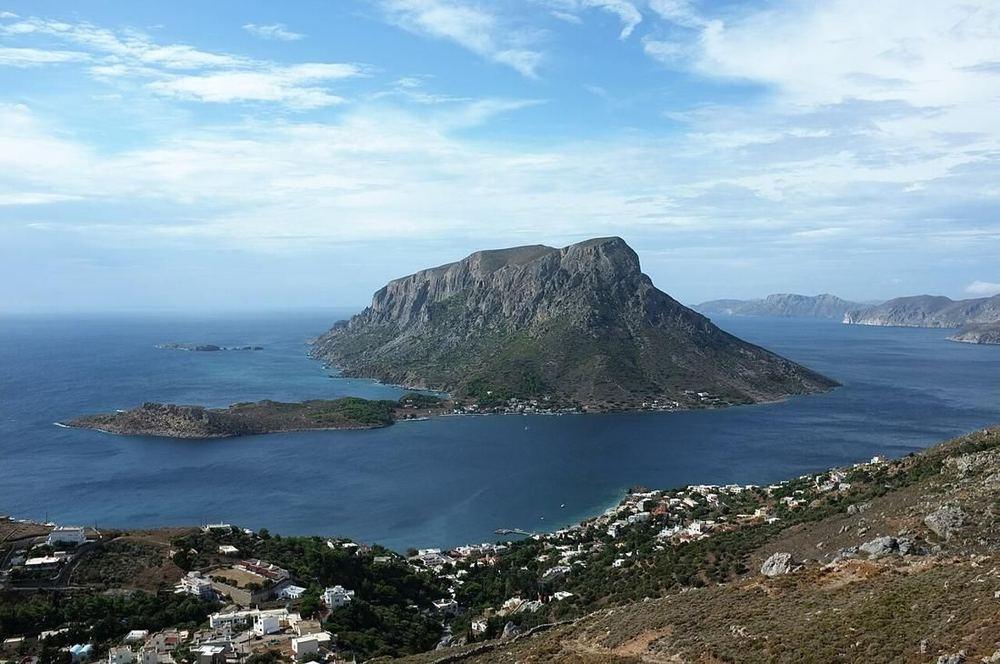Massouri and Myrties beaches with the islet of Telendos across the strait, from above