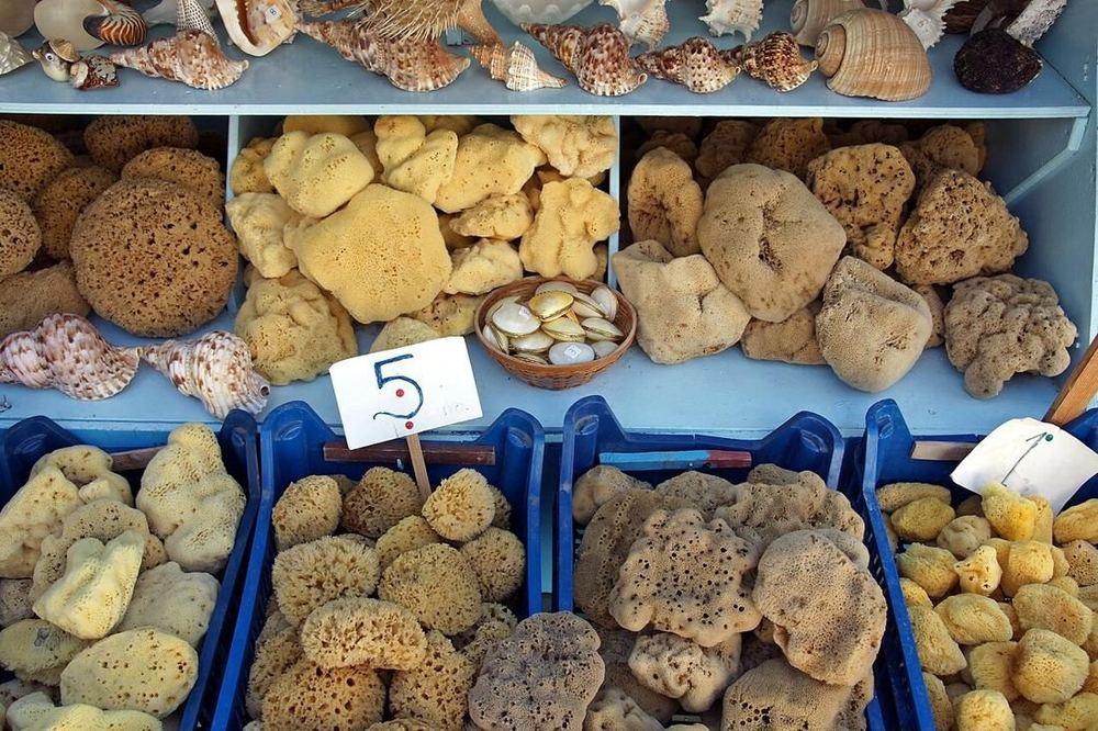 Natural sponges piled in blue crates at a Pothia stall