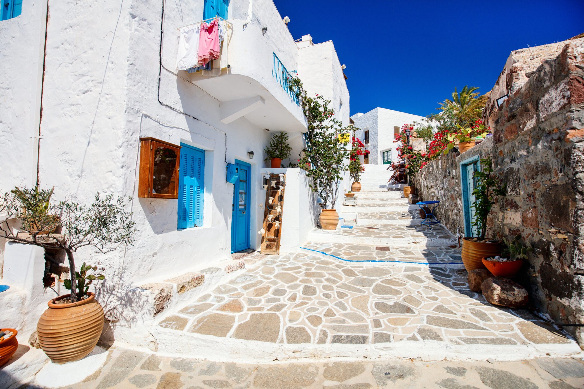 A whitewashed lane in Plaka on Milos with terracotta pots, blue doors and bougainvillea